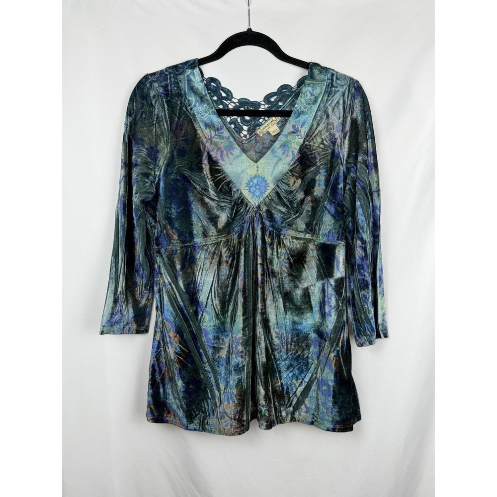VTG 2001 Energe World Wear Velvet Tunic M Blue Green Boho Whimsygoth Y2K Crochet